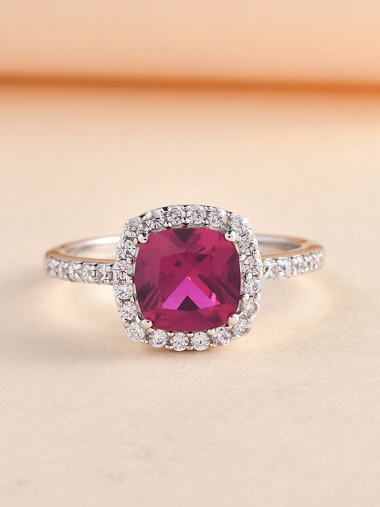 Princess Red Ruby Ring with American Diamond Silver Rings | Halo Rings