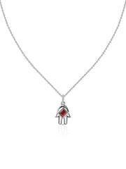 Natural Garnet Hamsa Protection Pendant with Chain