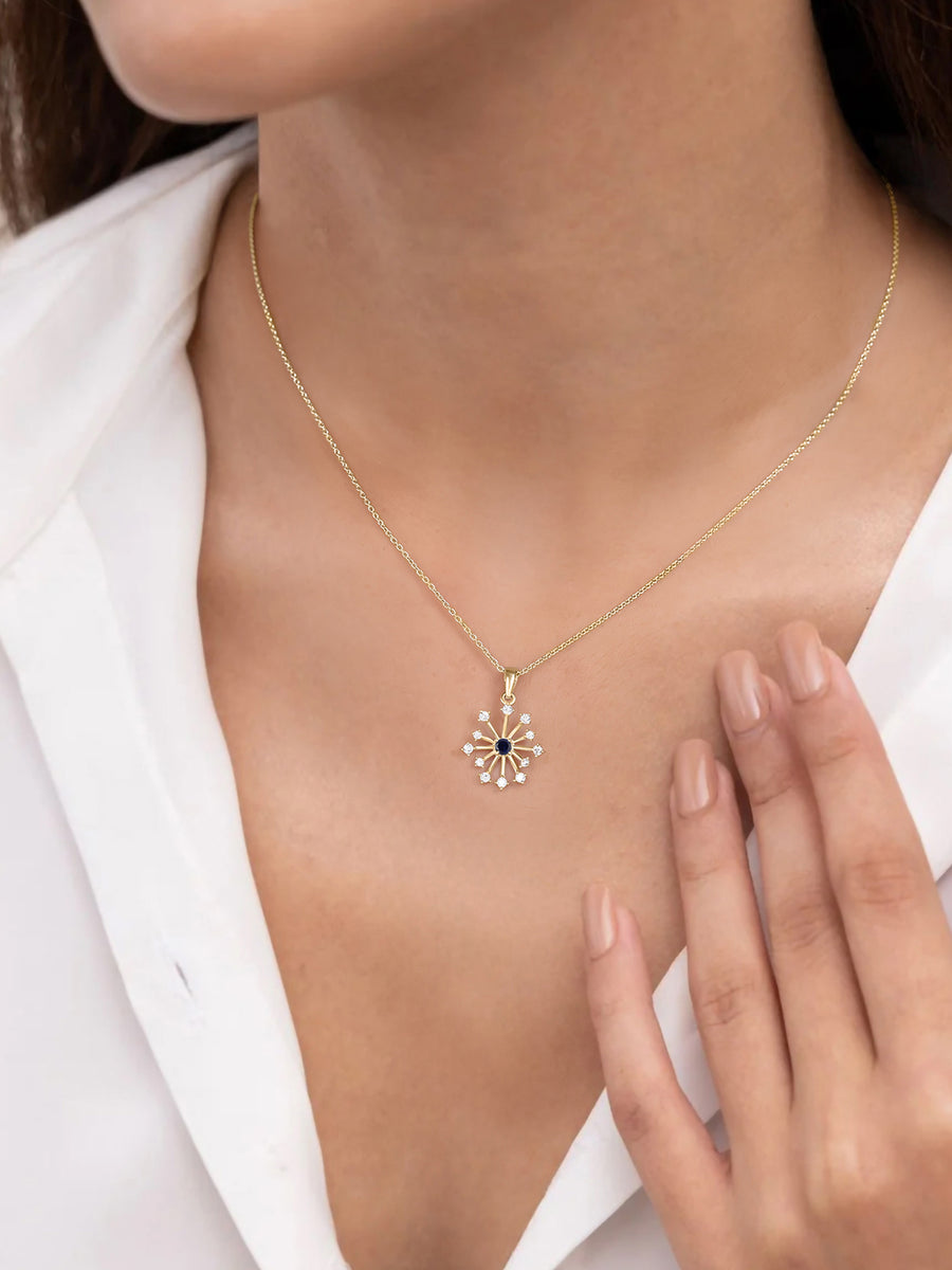 Snowflake Blue Sapphire Gold Pendant With Chain