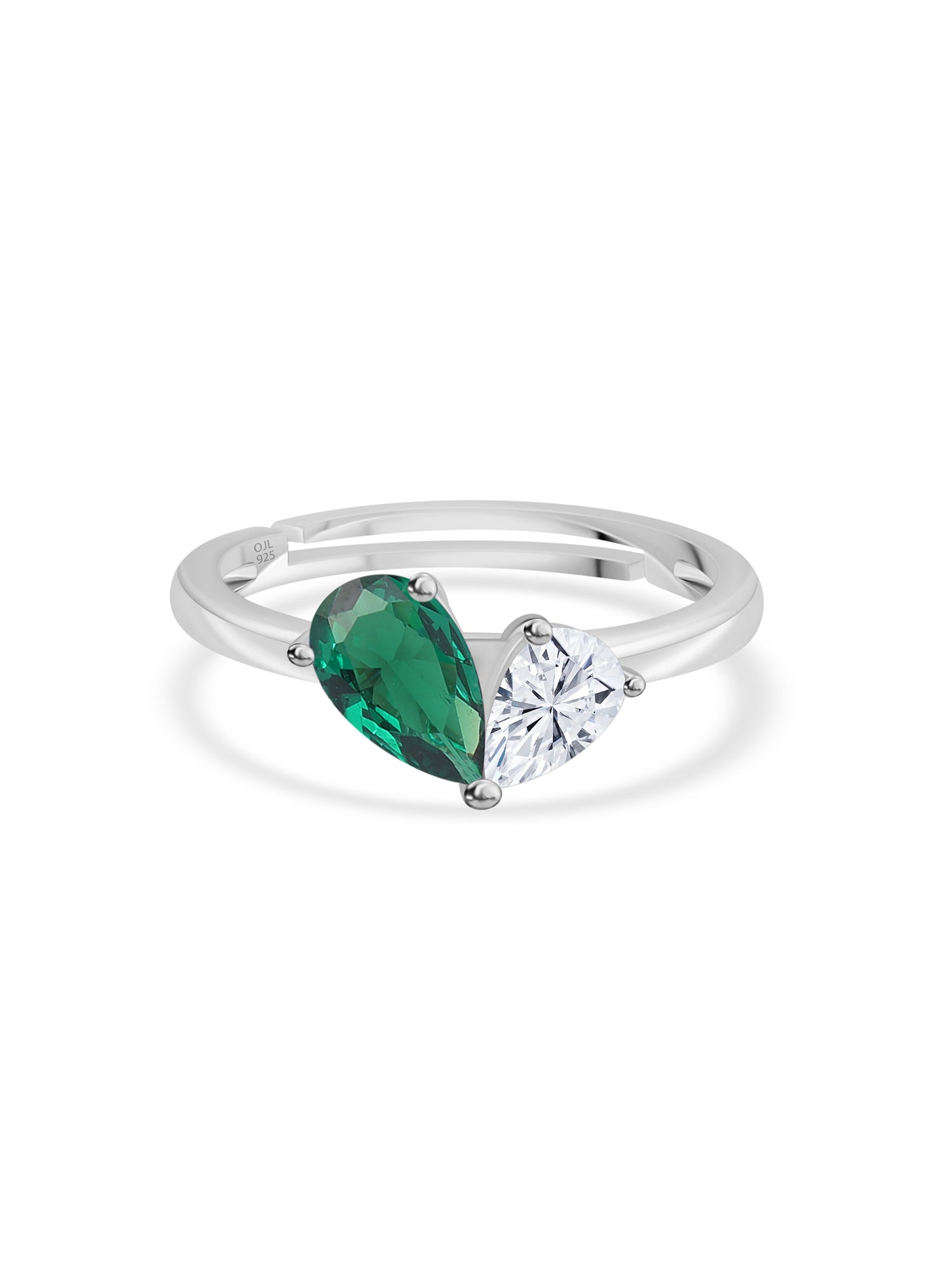 Pear Green Emerald Toi Et Moi Adjustable Silver Ring for Women
