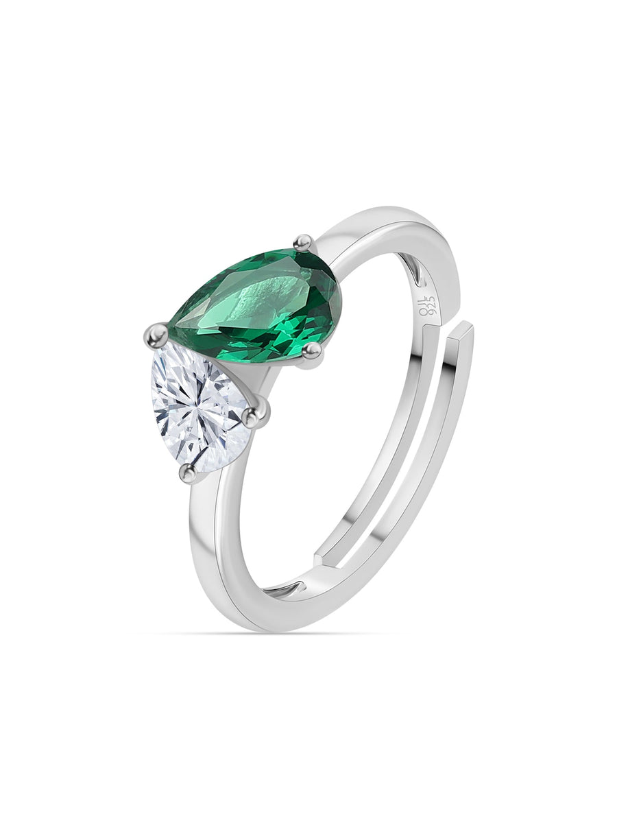 Pear Green Emerald Toi Et Moi Adjustable Silver Ring for Women