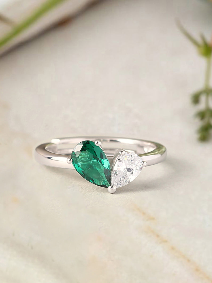Pear Green Emerald Toi Et Moi Adjustable Ring