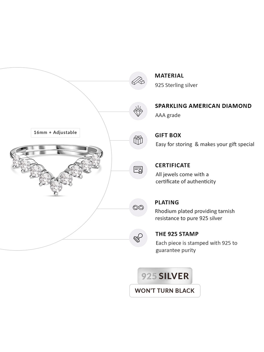 American Diamond Adjustable Chevron Ring In 925 Silver