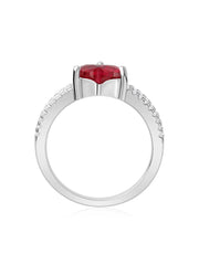Red Ruby And American Diamond Heart Shape Ring In 925 Silver