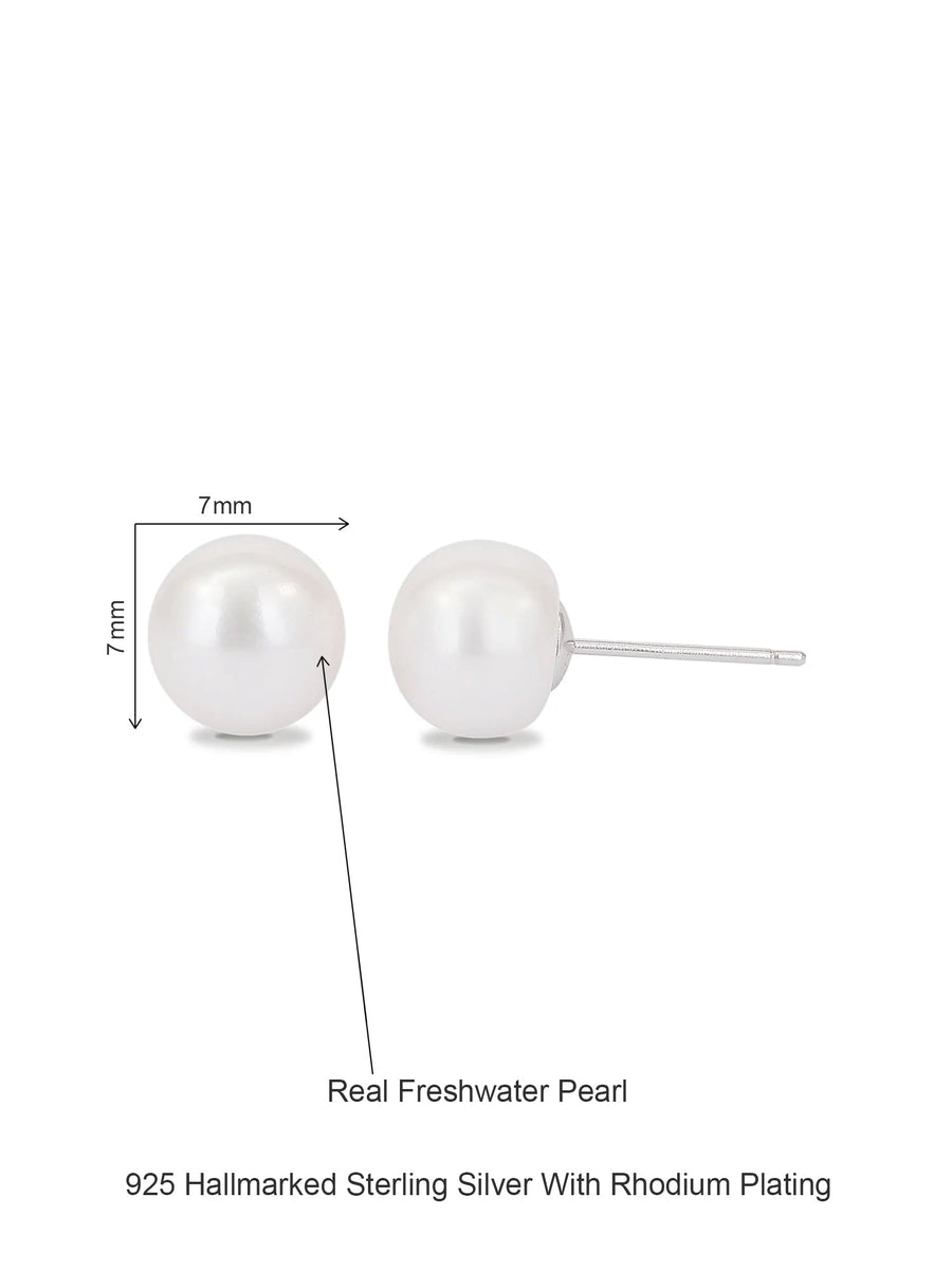 7 Mm White Freshwater Pearl Stud 925 Silver Earrings