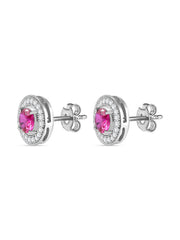 Red Ruby Halo Stud Earrings In 925 Sterling Silver