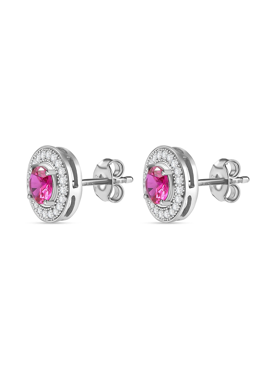 Red Ruby Halo Stud Earrings In 925 Sterling Silver