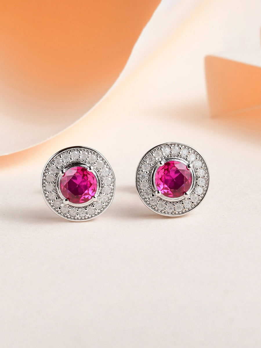 Red Ruby Halo Stud Earrings In 925 Sterling Silver
