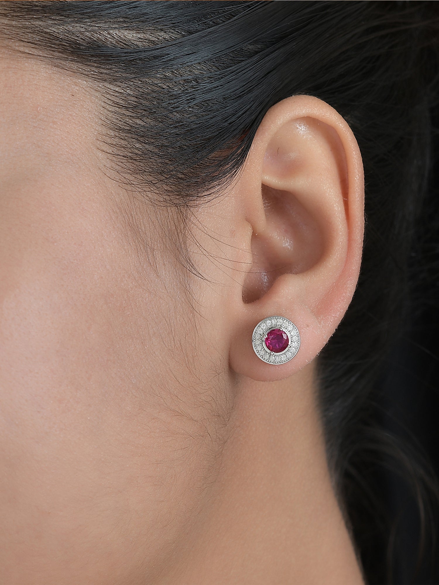 Red Ruby Halo Stud Earrings In 925 Sterling Silver-1