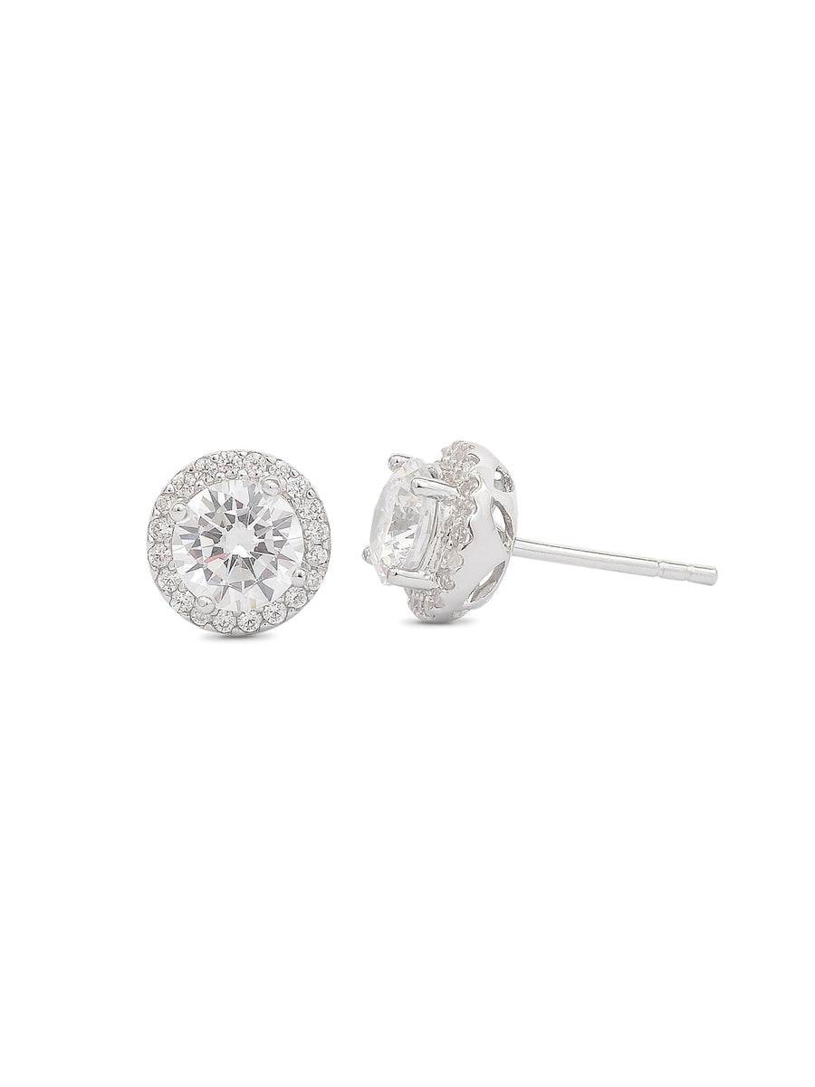 Solitaire Halo Pure Silver Stud Earrings For Women