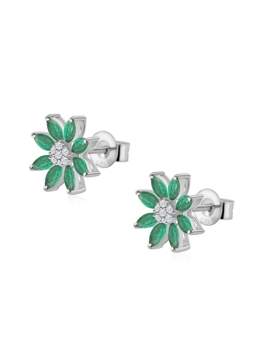 Silver Flower Stud Earrings In Green Emerald
