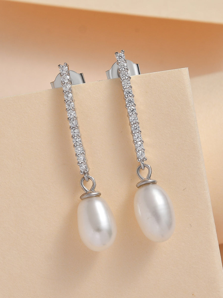 Ornate Jewels 925 Silver And American Diamond Pearl Danglers