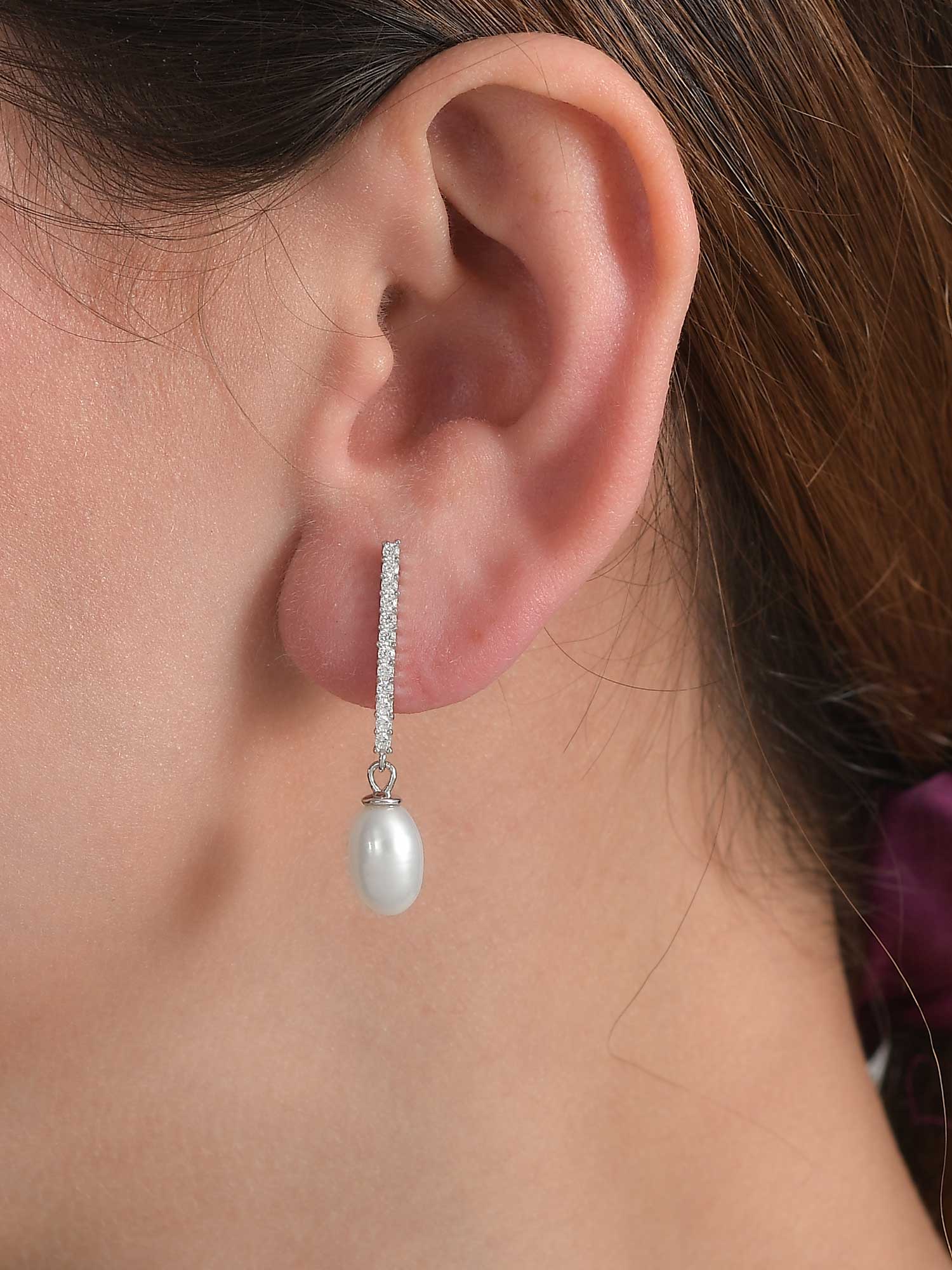 Ornate Jewels 925 Silver And American Diamond Pearl Danglers-1