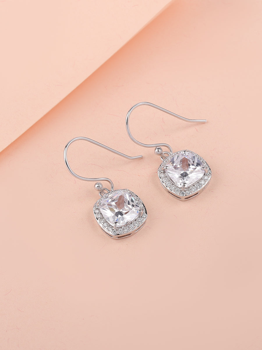 925 Silver American Diamond Cushion Cut Danglers Earrings