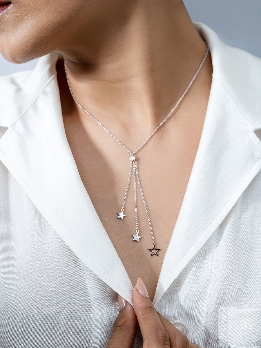 American Diamond Three Row Lariat Necklace In Silver