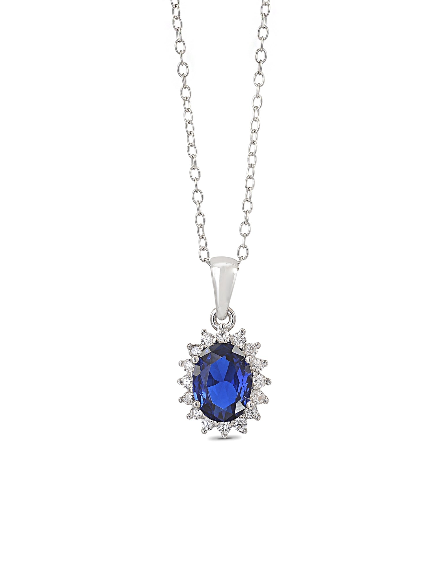 STERLING SILVER BLUE SAPPHIRE HALO SOLITAIRE PENDANT
