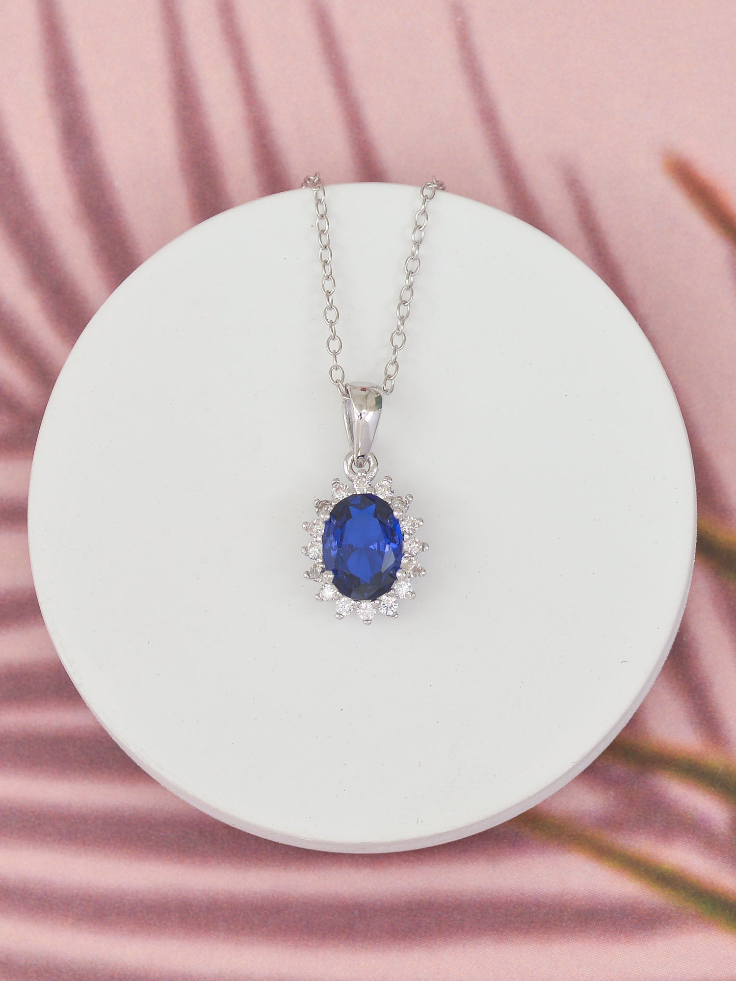 STERLING SILVER BLUE SAPPHIRE HALO SOLITAIRE PENDANT