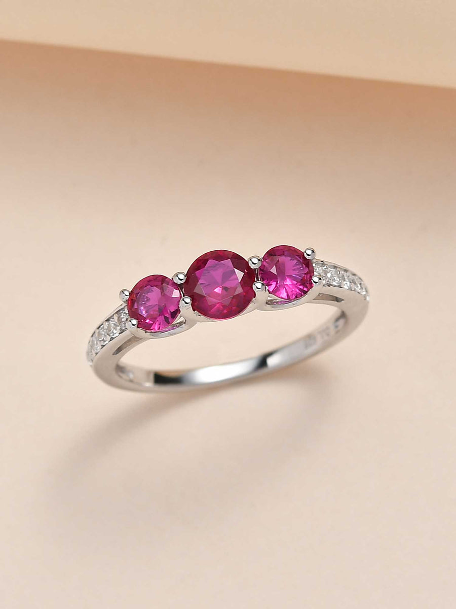 Red Ruby Three Stone Silver Engagement Ring for Women |Daily Wear Rings