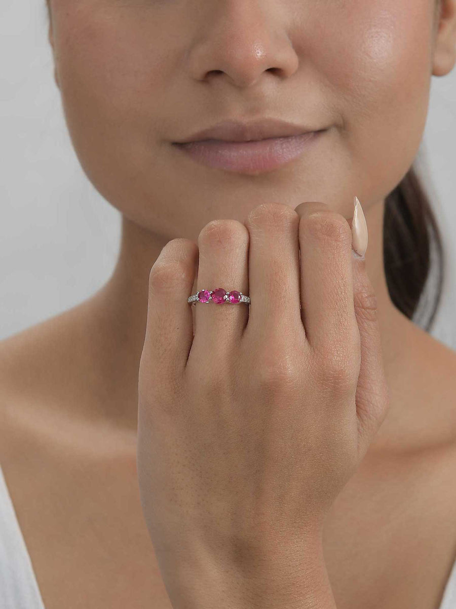 Red Ruby Three Stone Engagement Ring for Women | Silver Ring for Daily Use 