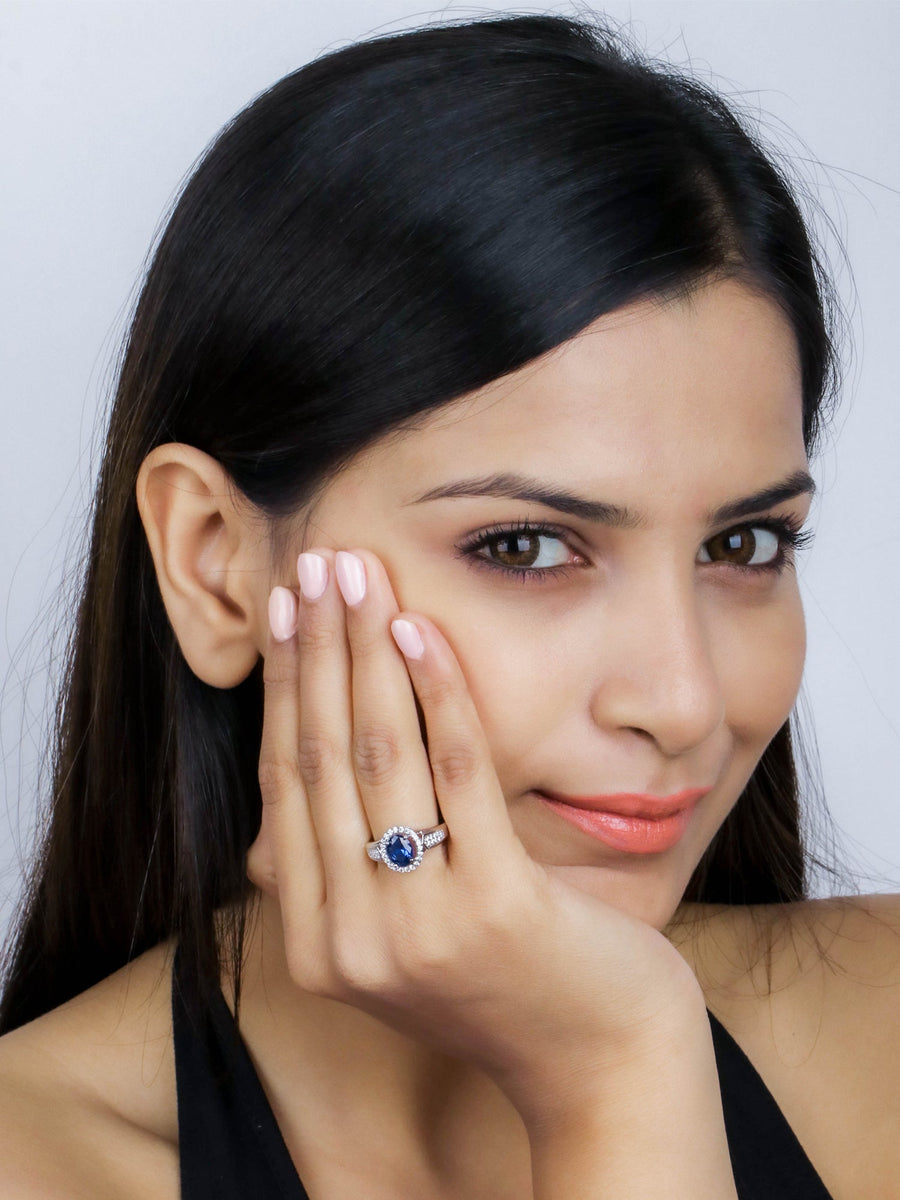 BLUE SAPPHIRE HALO 925 SILVER RING