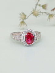 Red Ruby Halo Silver Ring For Women