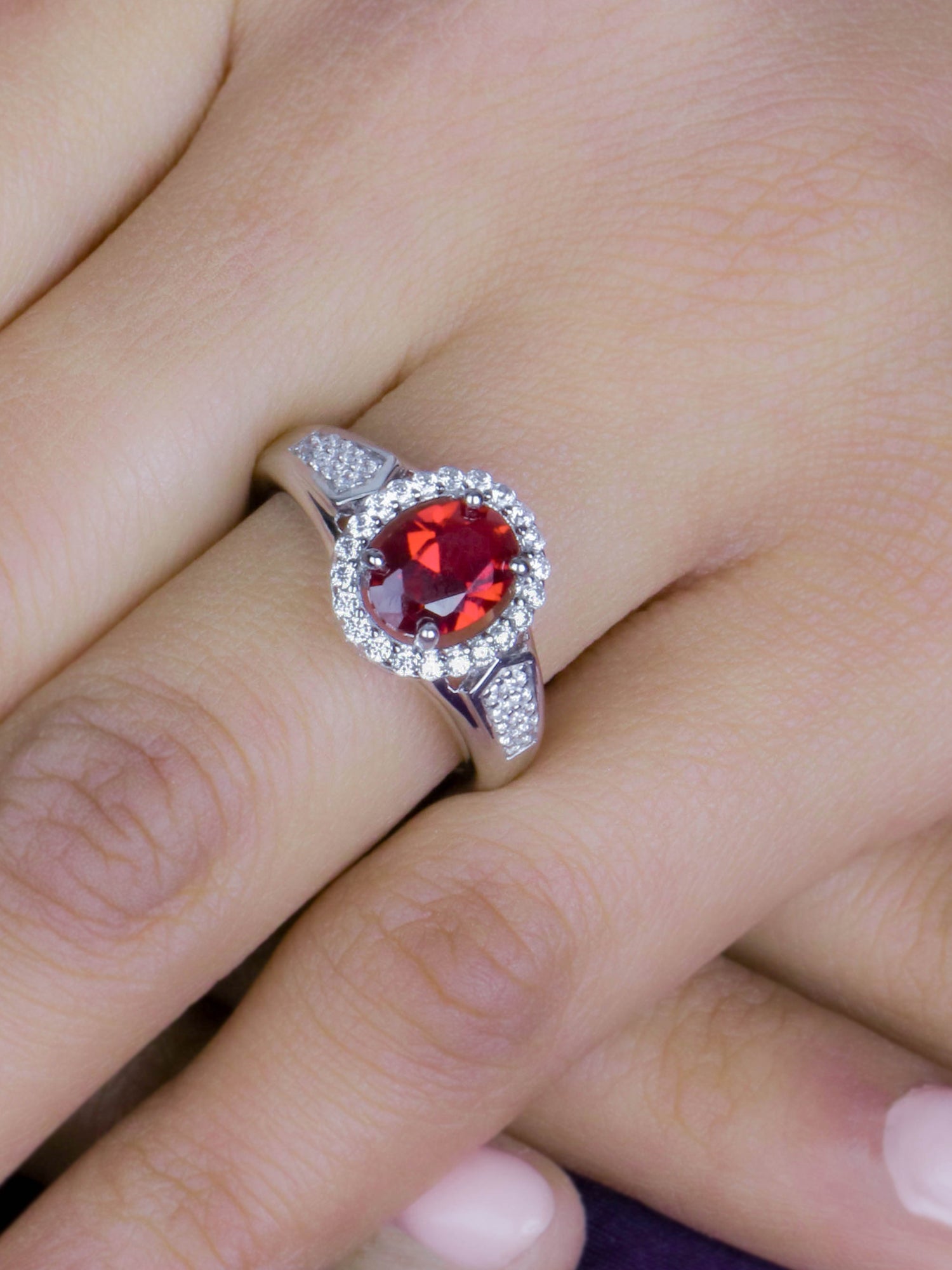 RED RUBY HALO SILVER RING