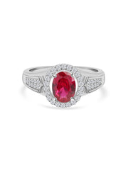 Red Ruby Halo Silver Ring For Women