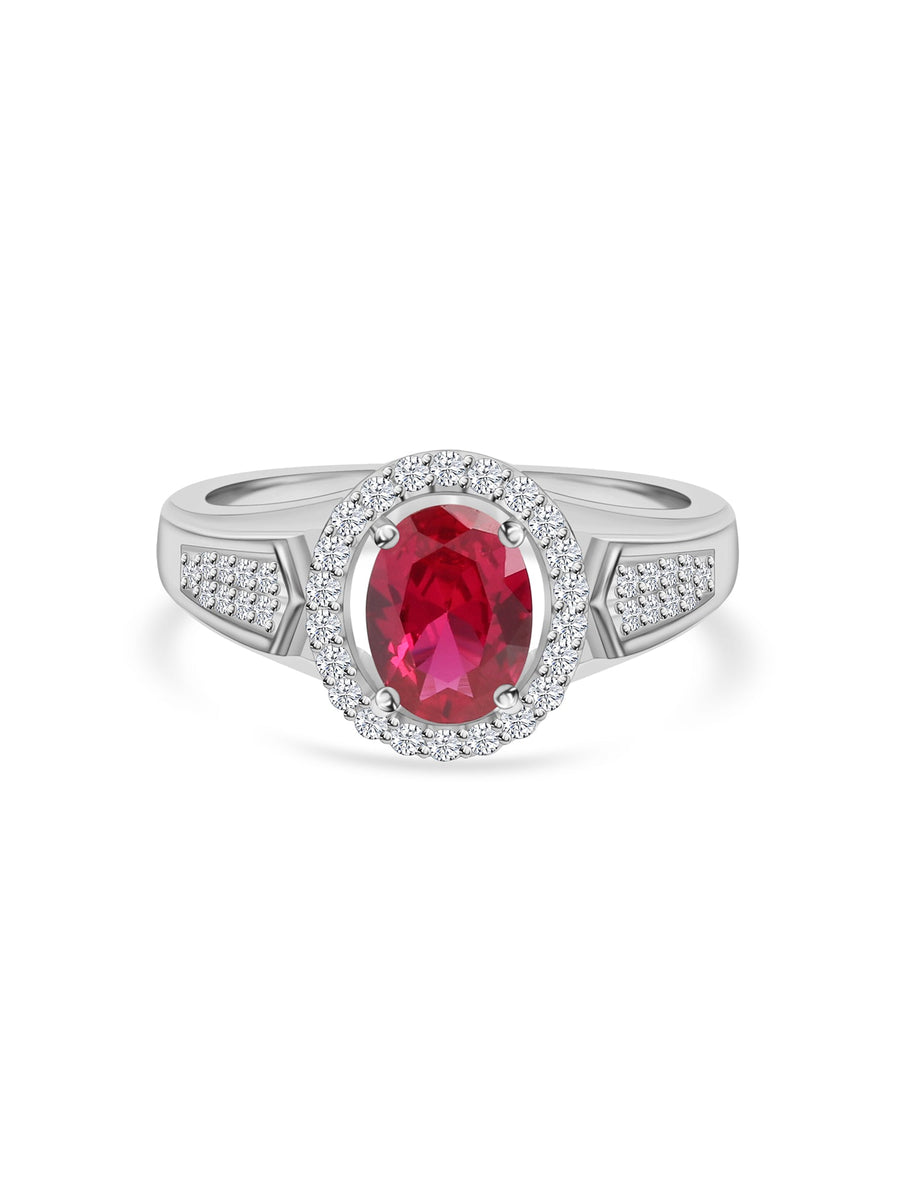 Red Ruby Halo Silver Ring For Women