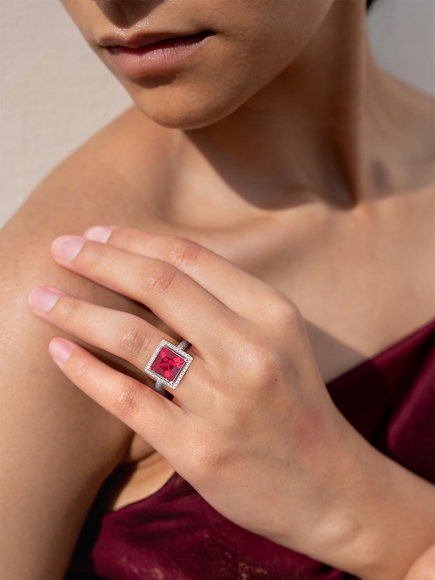 Red Ruby And American Diamond Princess Cut Party Wear Ring In 925 Sterling Silver