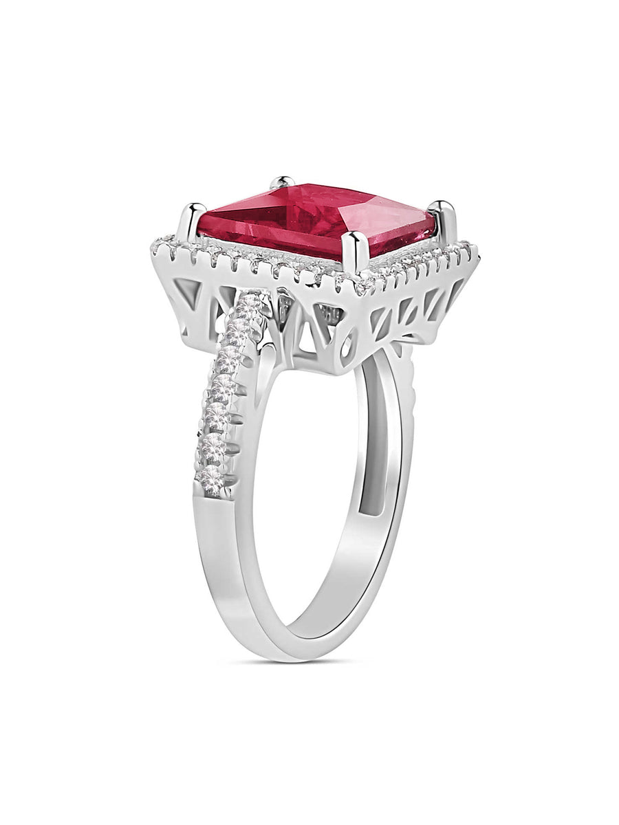 Red Ruby And American Diamond Princess Cut Party Wear Ring In 925 Sterling Silver