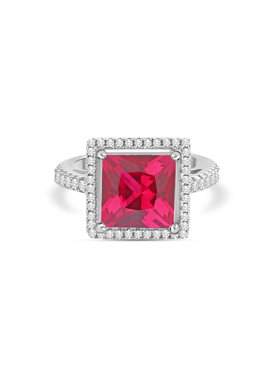 Red Ruby And American Diamond Princess Cut Party Wear Ring In 925 Sterling Silver-2