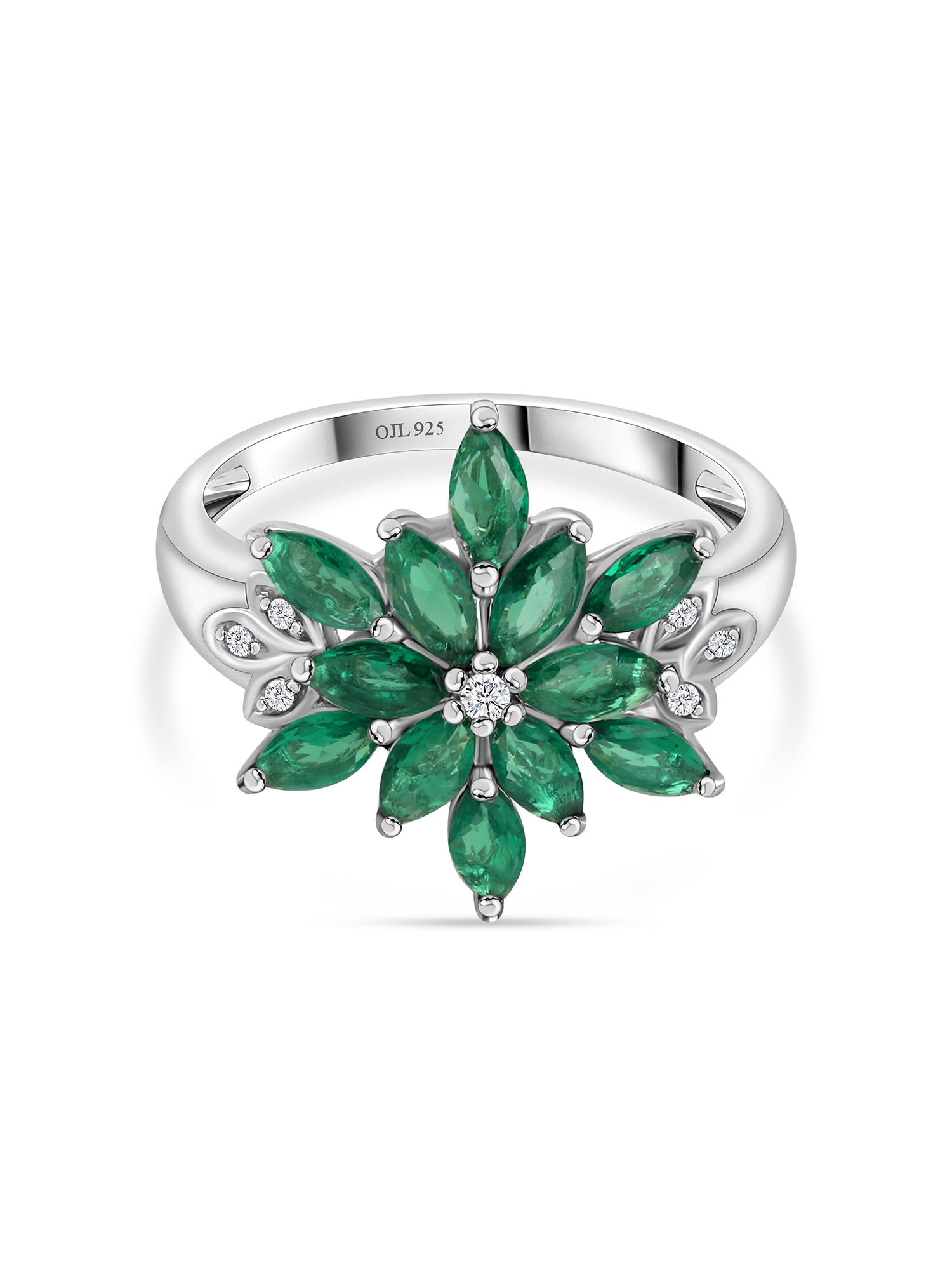 Emerald Flower Ring In Silver