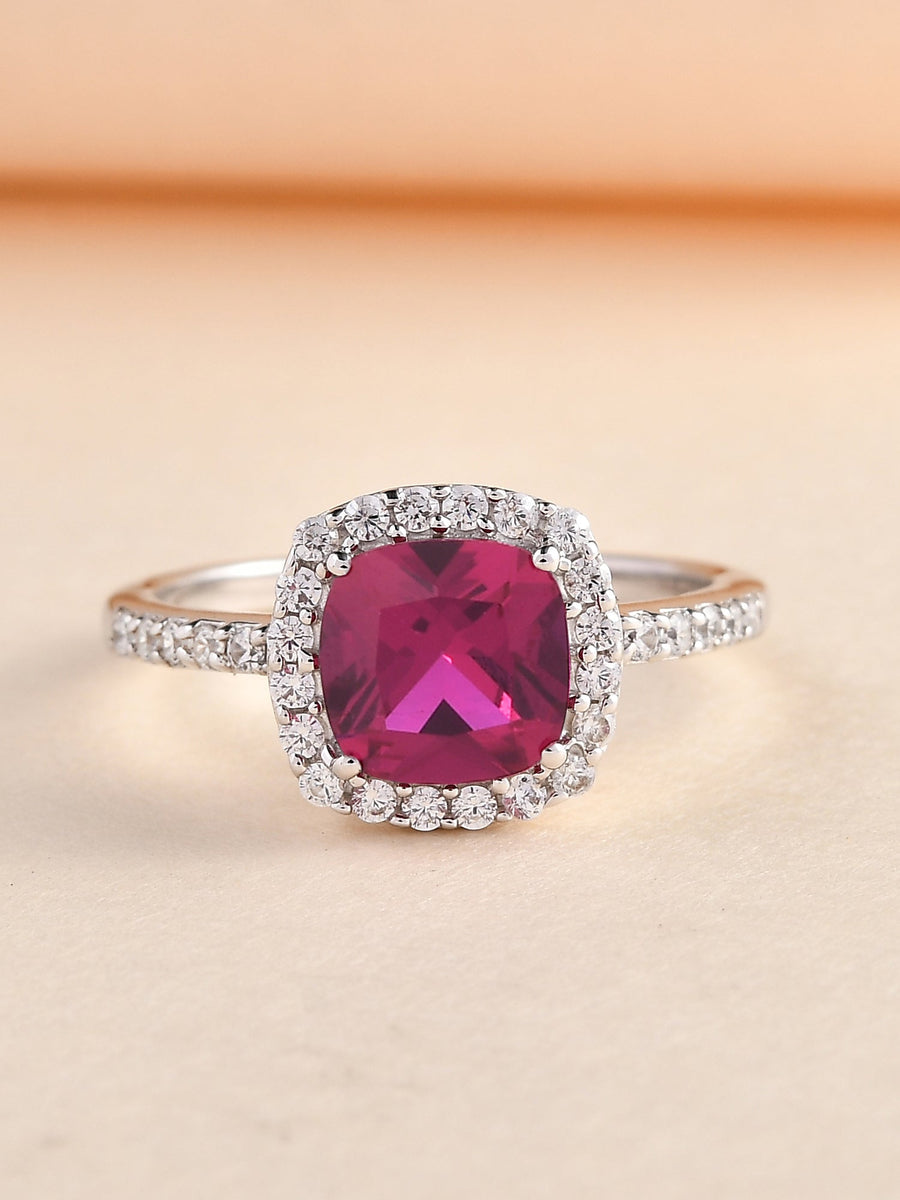Princess Red Ruby Ring with American Diamond Silver Rings | Halo Rings