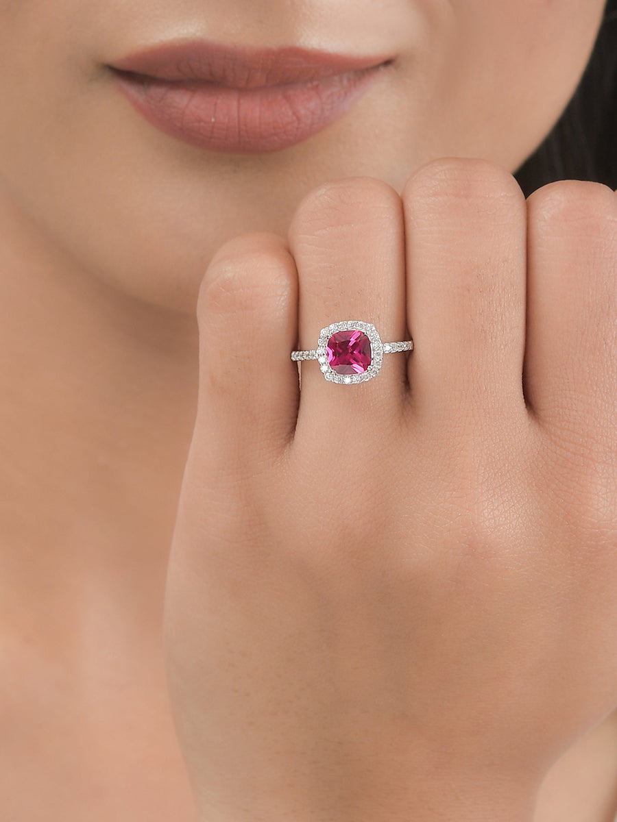 Princess Red Ruby Ring with American Diamond Silver Rings for Women | Halo Rings