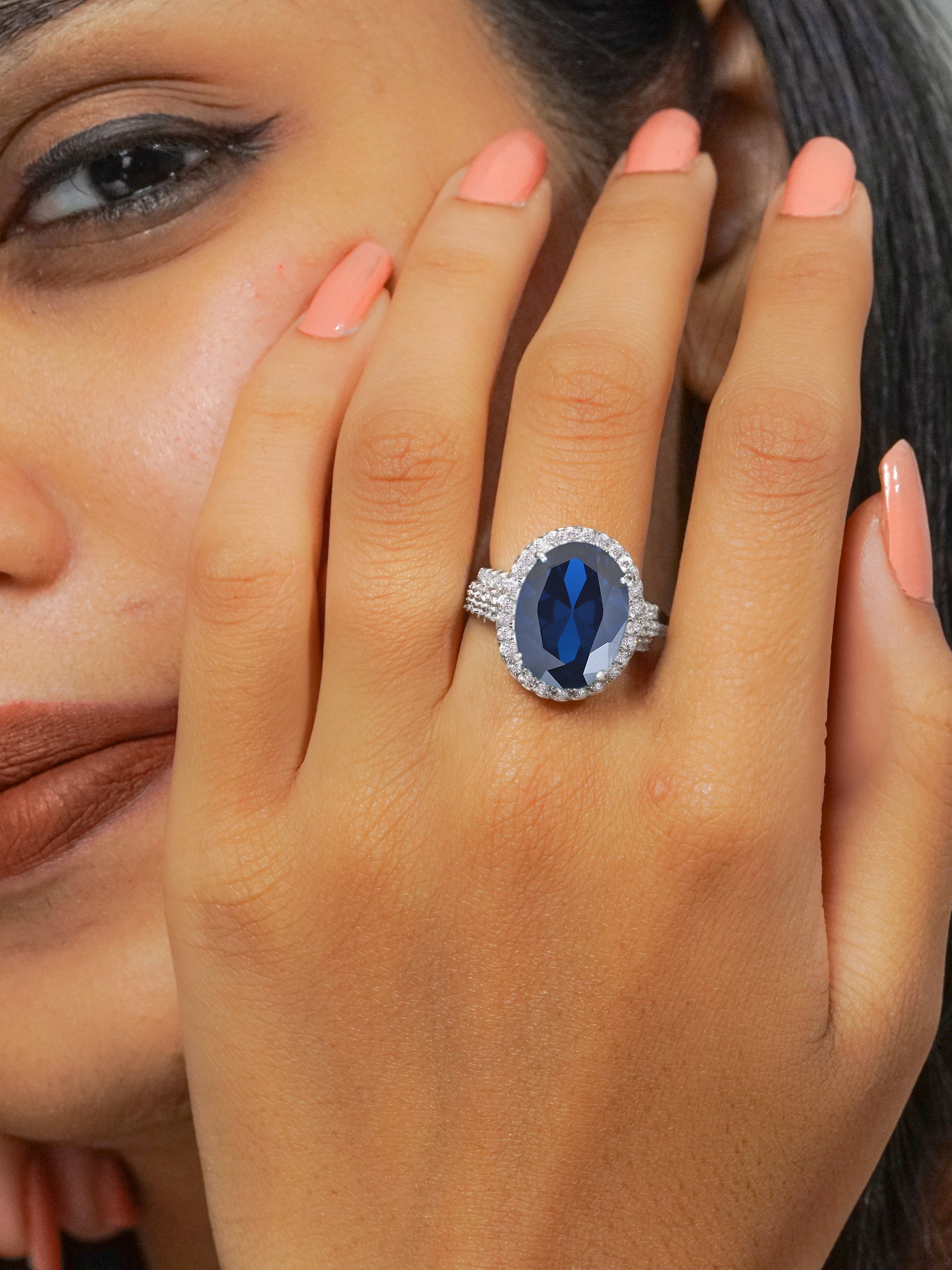 Glamm Blue Sapphire Oval Ring In 925 Silver