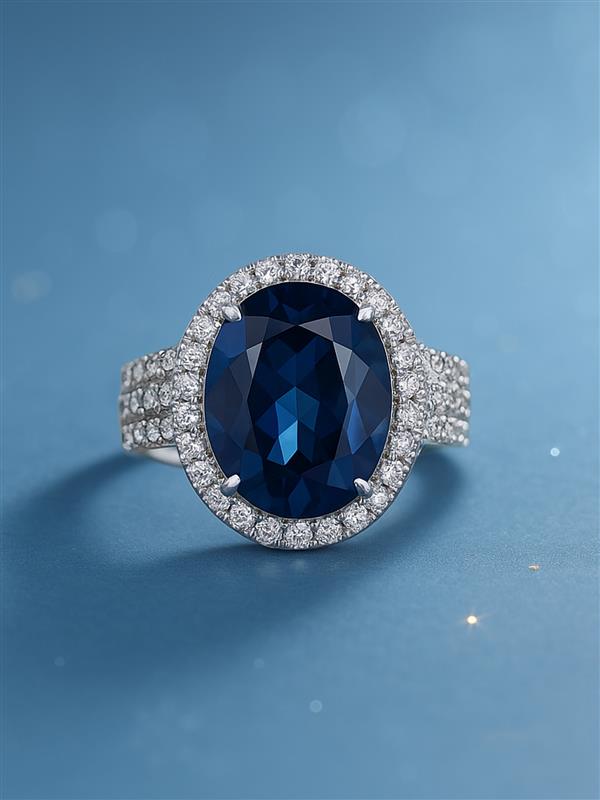 Glamm Blue Sapphire Oval Ring In 925 Silver
