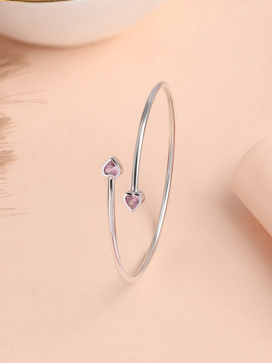 Pink Cz Heart Cuff Silver Bangle