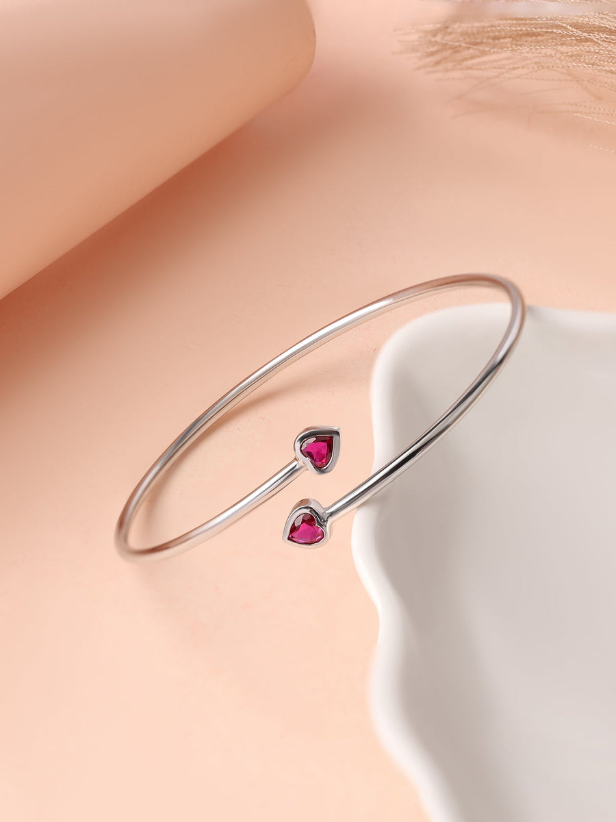 Ruby Heart Cuff Silver Bangle