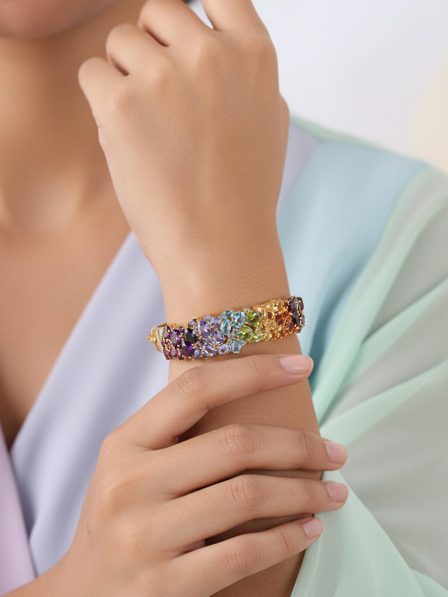 Natural Multi-Gemstone Silver Bangle
