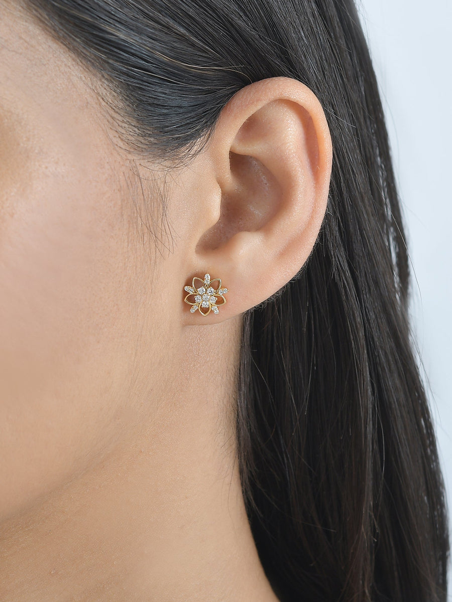 Classic Blooming Flower Diamond Stud in Gold-2