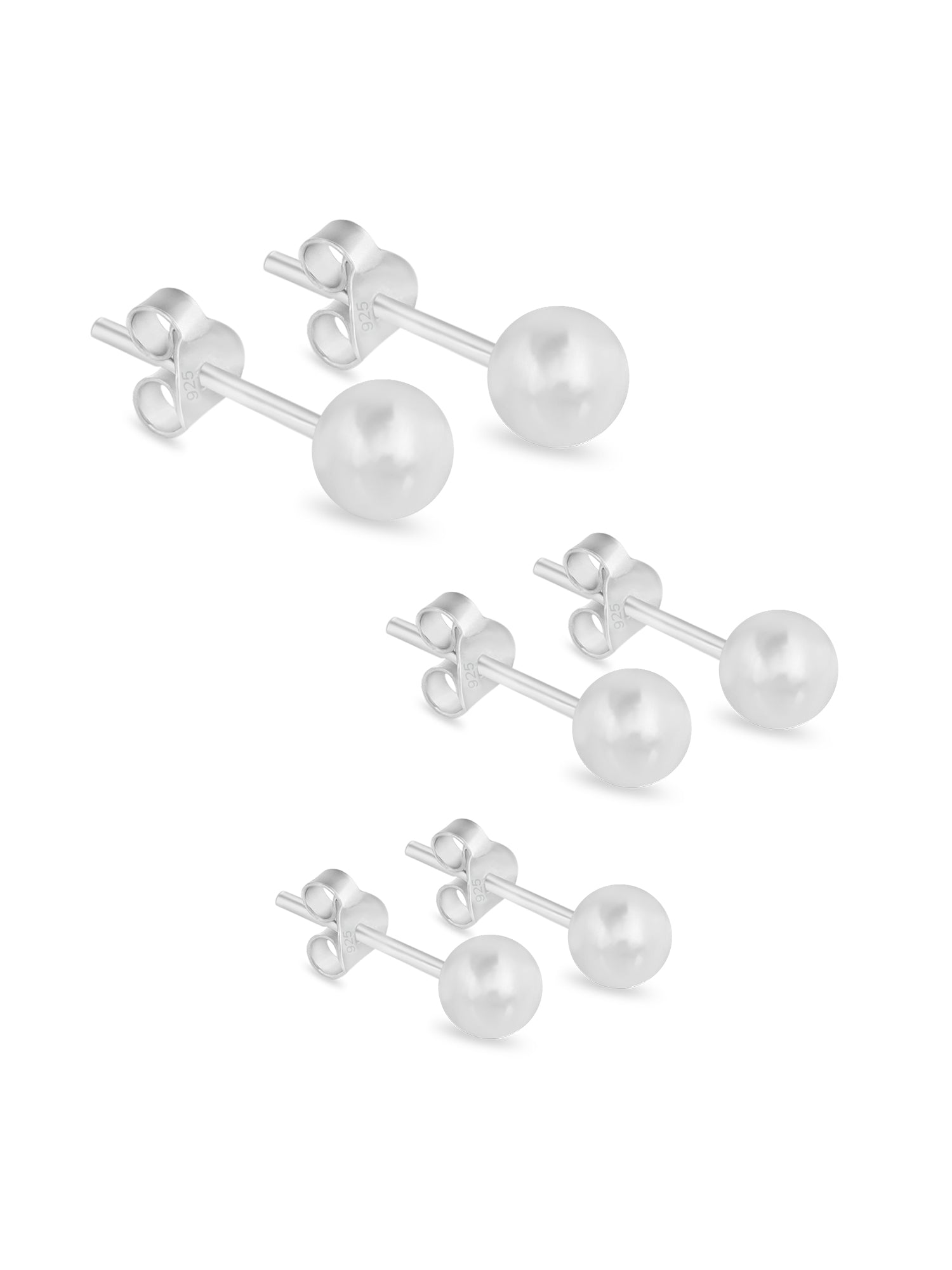 SET OF 3 PAIR BALL SILVER  STUD EARRINGS 4MM 5MM 6MM