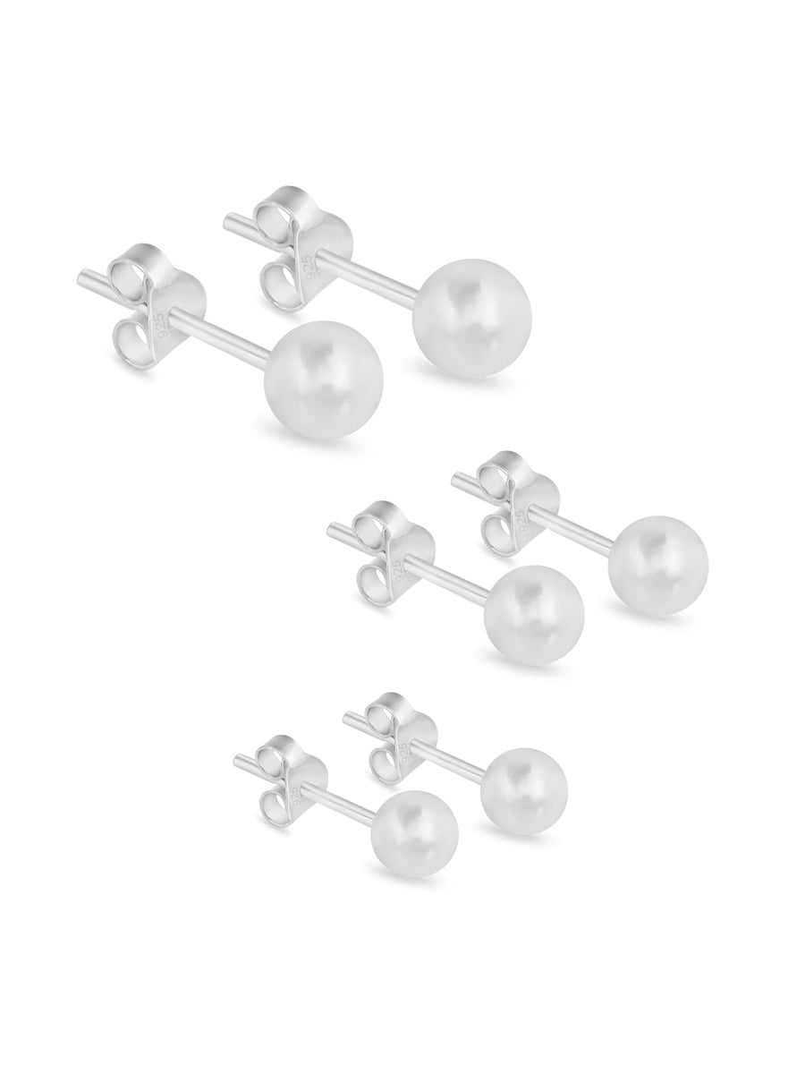 SET OF 3 PAIR BALL SILVER  STUD EARRINGS 4MM 5MM 6MM