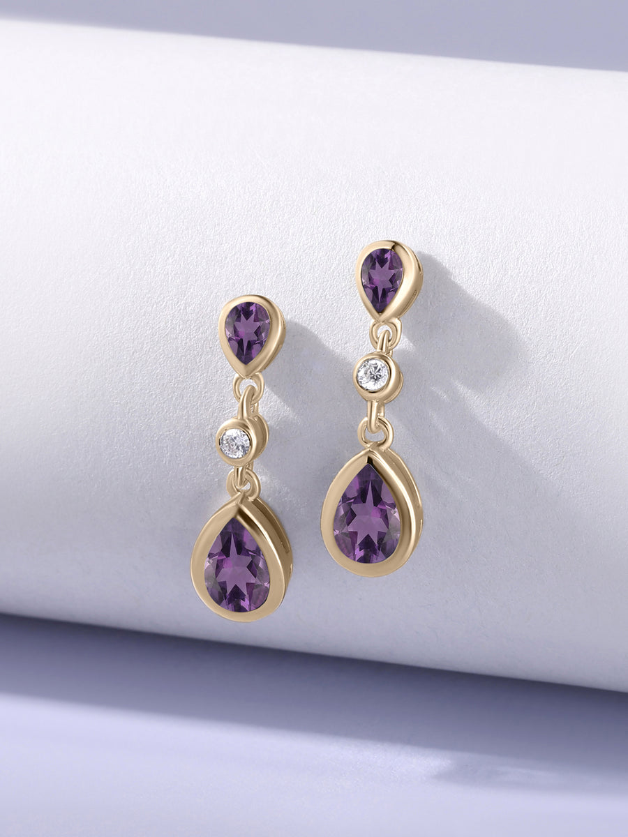 Natural African Amethyst Pear Drop Earrings in Gold