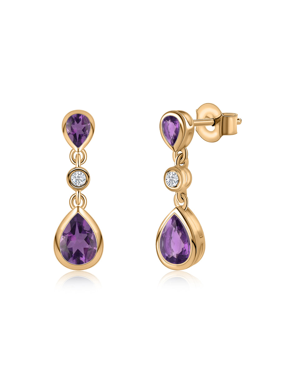 Natural African Amethyst Pear Drop Earrings in Gold