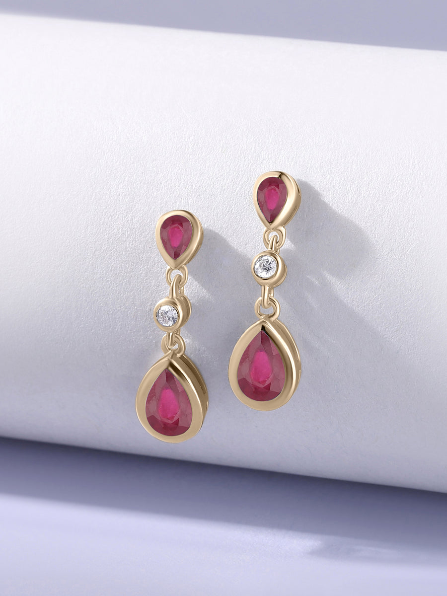 Natural Glass Filled Ruby Pear Drop Earrings in Gold
