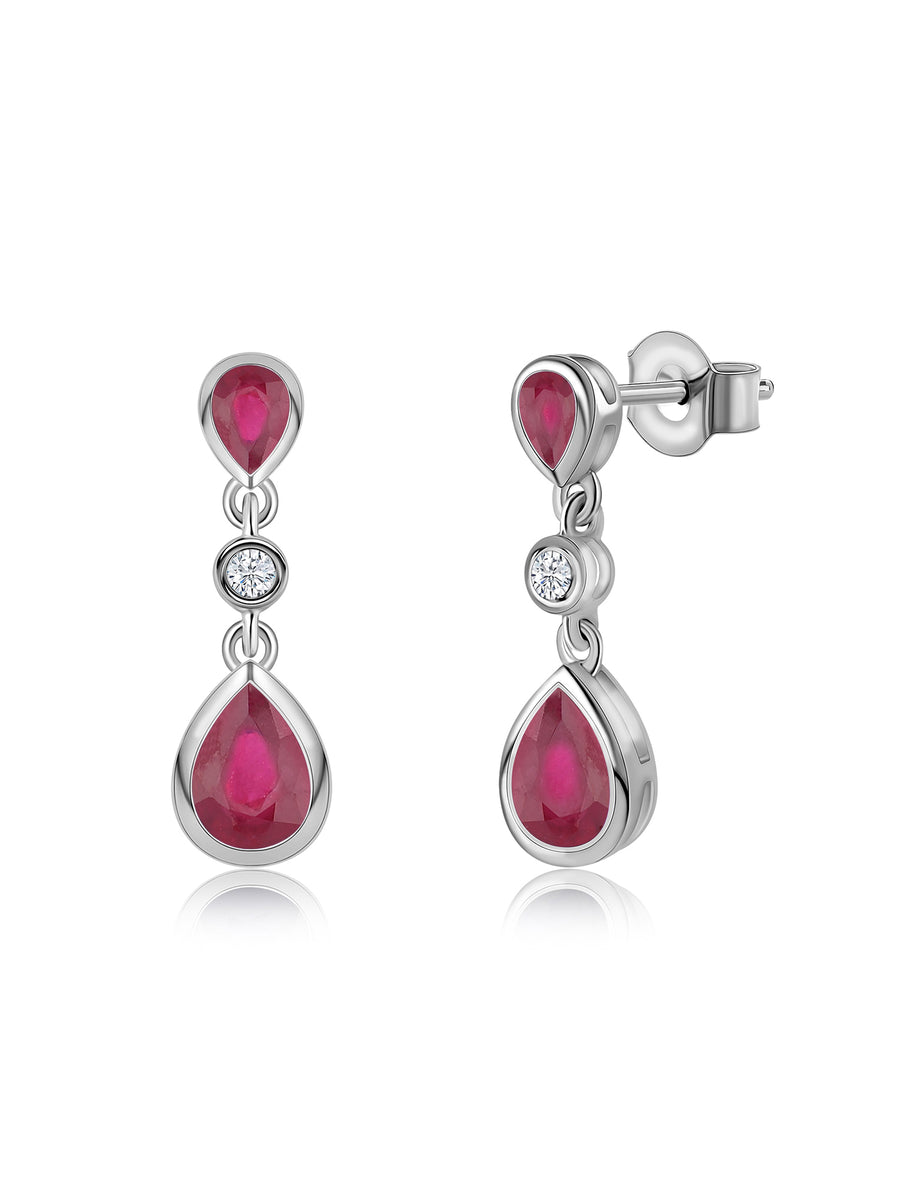 Natural Glass Filled Ruby Pear Drop Earrings in Gold