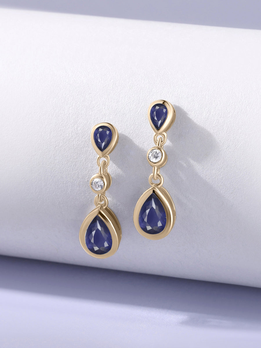 Natural Iolite Pear Drop Earrings in Gold