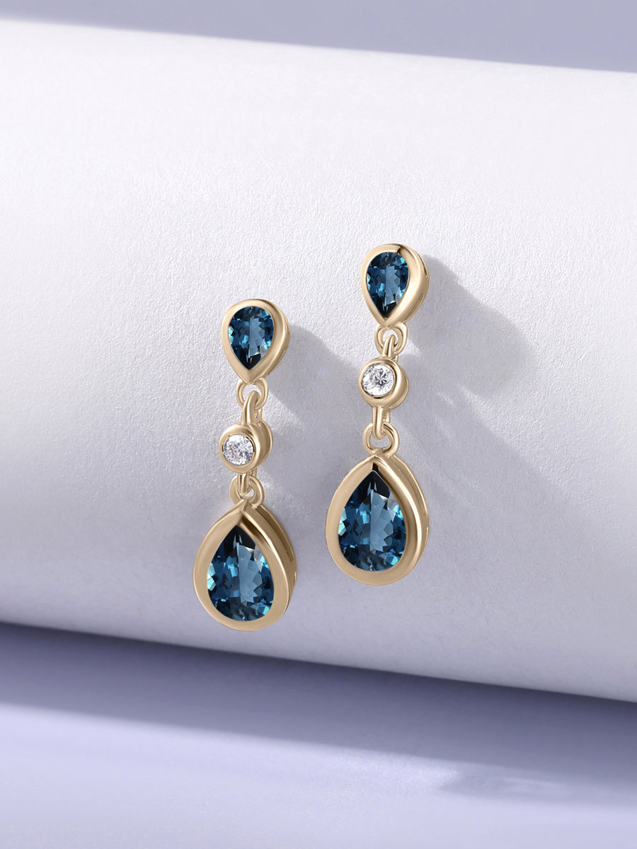 Natural London Blue Topaz Pear Drop Earrings in Gold