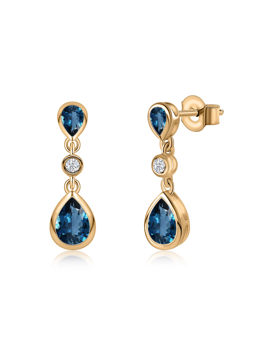 Natural London Blue Topaz Pear Drop Earrings in Gold
