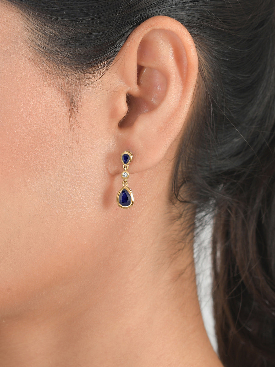 Natural Blue Sapphire Drop Earrings in Gold